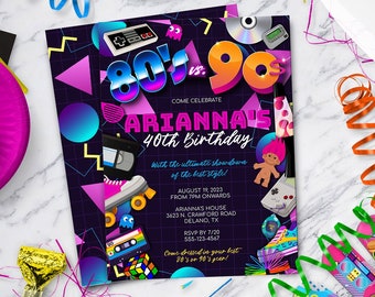 80s vs. 90s Party Invitation, Great 40th Birthday Party, 80s Invitation, 90s, 90s vs 80s, Instant Download, DIY Edit Yourself