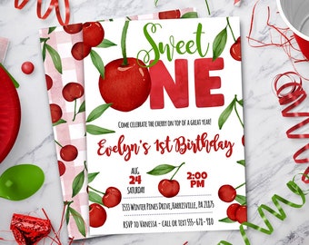 Cherry Sweet One 1st Birthday Invitation - Cherry on Top Digital Invitation, Instant Download, DIY Edit Yourself