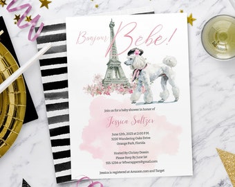 Paris Invitation with Pink Poodle, Bonjour Bebe Baby Shower, Parisian, French, Digital Download Template