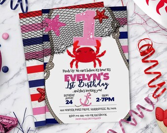 Crab Invitation for Girl, Nautical invitation, PinkCrab Invite for Ages 1-5 | Instant Download - DIY Edit Yourself