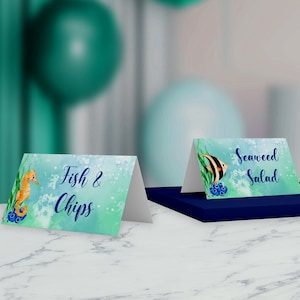 Onder de zee verjaardag voedseletiketten, tentkaarten, oceaan verjaardagsfeest decor | Direct downloaden - DIY zelf bewerken