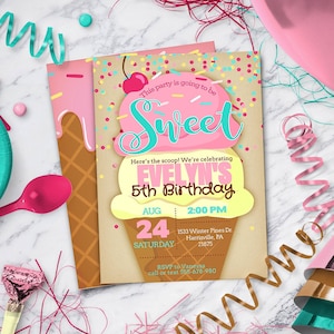 Ice Cream Party Invitation - Girls Summer Birthday theme  |  Instant Download - DIY - Edit Yourself