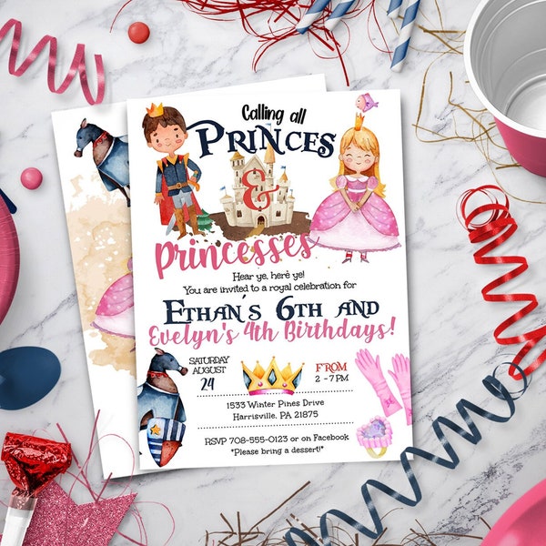 Prince Princess Digital Invitation, Princess Invitation for Princess & Prince Party, Instant Download, DIY Edit Yourself