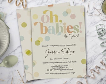 Twins Invitation, Twins Baby Shower Invitation, Oh Babies,  Modern baby shower, Retro baby shower