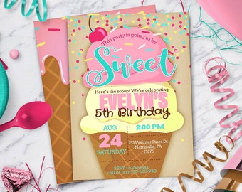 Ice Cream Party Invitation - Girls Summer Birthday theme  |  Instant Download - DIY - Edit Yourself