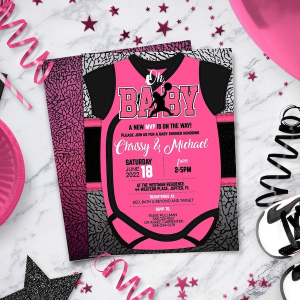 Pink Air Jordan Baby Shower Invitations | Sneaker Ball Baby Shower | Jordan Themed Party Invite | Customized Printable Design | BAB38