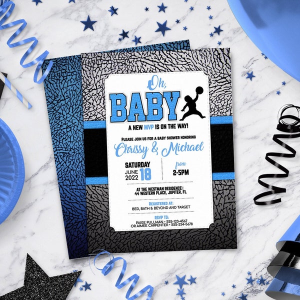 Baby Blue Jordan Baby Shower Invitations, Sneaker Baby Shower | Printable invitations, Digital invitation