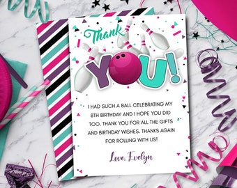 Bowling Thank You Note | Girls Bowling Party Thank You Card Template | Instant Download - DIY  - Edit Yourself
