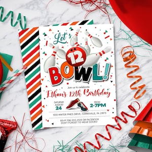 May include: A colourful birthday party invitation with a bowling theme. The invitation features a bowling ball with the number 12 on it, surrounded by bowling pins. The text on the invitation reads "Let's Bowl!" and "Ethan's 12th Birthday". The invitation also includes the date, time, and location of the party.