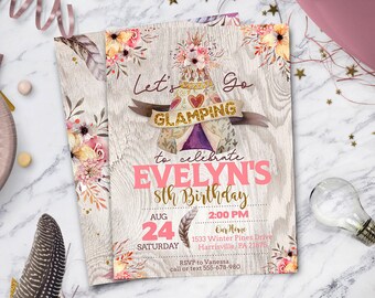 Girls Sleepover invitation, Glamping Invitation with Teepee Tent  |  Instant Download Editable - DIY - Edit Yourself
