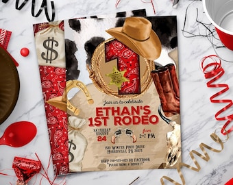 May include: A red, white and brown invitation for a 1st birthday party with a cowboy theme. The invitation says "Join us to celebrate Ethan's 1st Rodeo" and includes a cowboy hat, boots and a lasso. The party is on Saturday, August 24th from 2-7 PM at 158 Winter Pines Drive, Harveys Lake, PA 18618. RSVP by phone or Facebook. Please bring a gift.