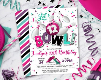 Girl Bowling Party Invitation - Bowling Invitations  |  Instant Download Printable - DIY - Edit Yourself