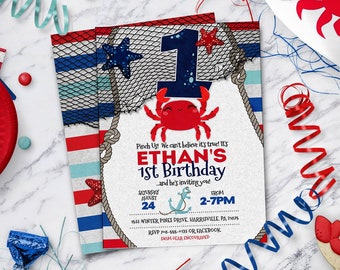 Nautical Crab First Birthday Invitation, Under the Sea Party Invite (Digital Download)