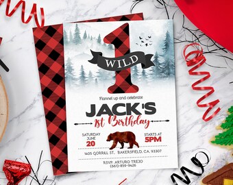 Wild One invitation, Lumberjack First Birthday up to age 4, Buffalo Plaid Invitation | Instant Download - DIY Edit Yourself