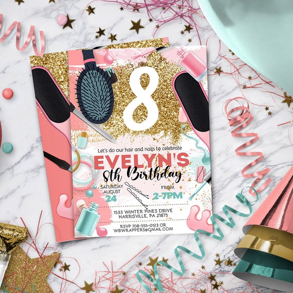 Hair and Nails Glitter Glam Spa Party Invitation or Salon Party, Any Age, Instant Download, DIY Edit Yourself