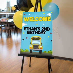Wheels on the Bus Birthday Welcome Sign, Party Sign Maker Template for School Bus Birthday, School Bus Party, ANY TEXT - Instant Download