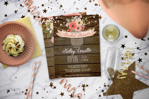 Rustic Bridal Shower Invitation Mason Jar Barnwood Wood