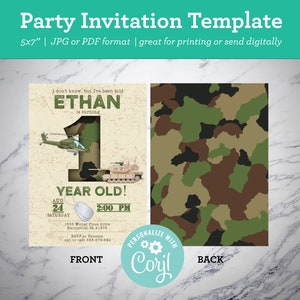 May include: Party invitation template with a military theme. The front features a helicopter and tank illustration, the name "ETHAN", and party details. The back has a camouflage pattern. The invitation is 5x7 inches.