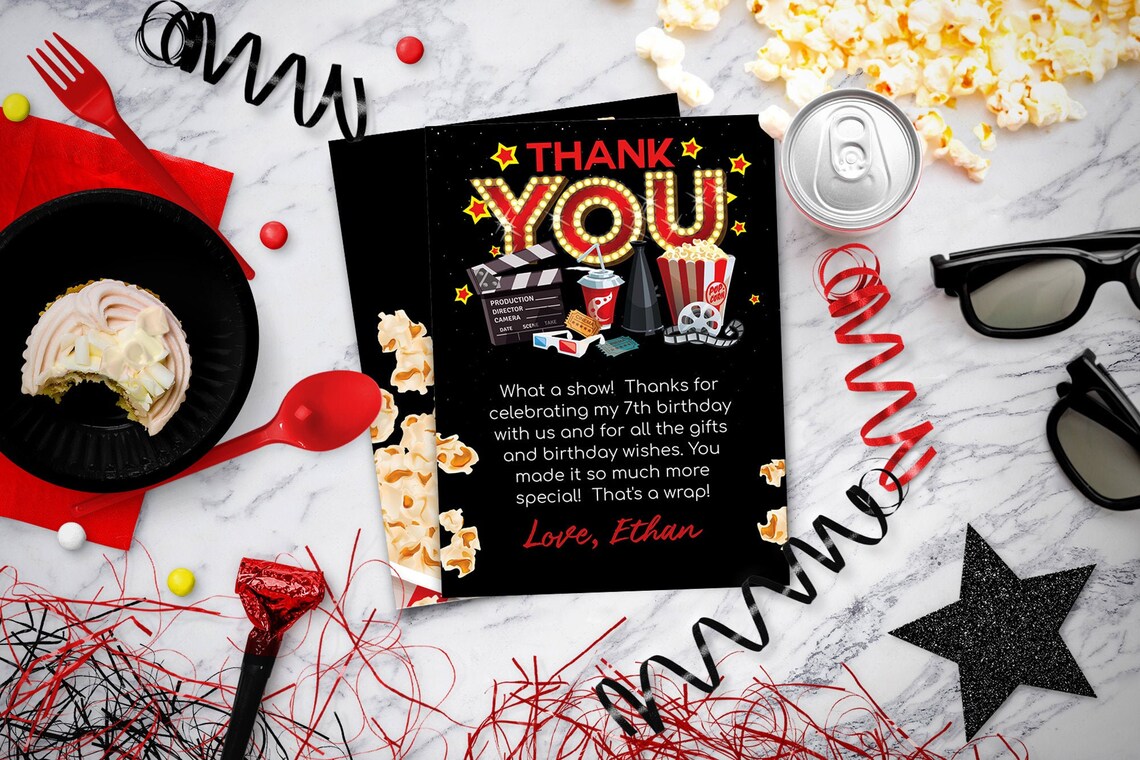 Movie Thank You Note Movie Party Thank You Card Template - Etsy