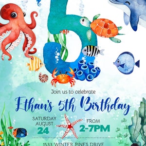 May include: An invitation to Ethan's 5th birthday party. The invitation features a blue number 5 with a watercolor background of sea creatures, including an octopus, a turtle, a dolphin, and fish. The text reads "Join us to celebrate Ethan's 5th Birthday" with the date and time of the party. The invitation also includes the address and RSVP information.
