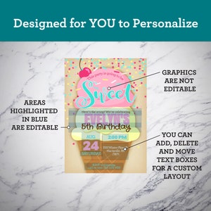 May include: A printable invitation for a 5th birthday party with an ice cream cone graphic. The invitation is decorated with sprinkles and a cherry on top. The text on the invitation reads "This party is going to be Sweet! Here's the scoop! We're celebrating Evelyn's 5th Birthday. Aug 24 Saturday 2:00 PM 1533 Winter Pine Dr. Harrisville, PA 21875 RSVP to Vanessa call or text 555-678-980"