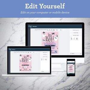 May include: A digital editing interface displayed on a desktop monitor, a laptop, and a smartphone, showing a pink birthday invitation template with ghost and spider graphics and the text Hey Boo! Evelyn's 9th Birthday, designed for self-editing.