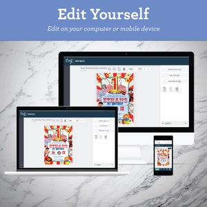 May include: A computer screen, laptop, and smartphone displaying a website with a circus-themed birthday party invitation. The invitation features a red and white striped tent with a clown and other circus characters. The text on the invitation reads "Ethan's 1st Birthday".