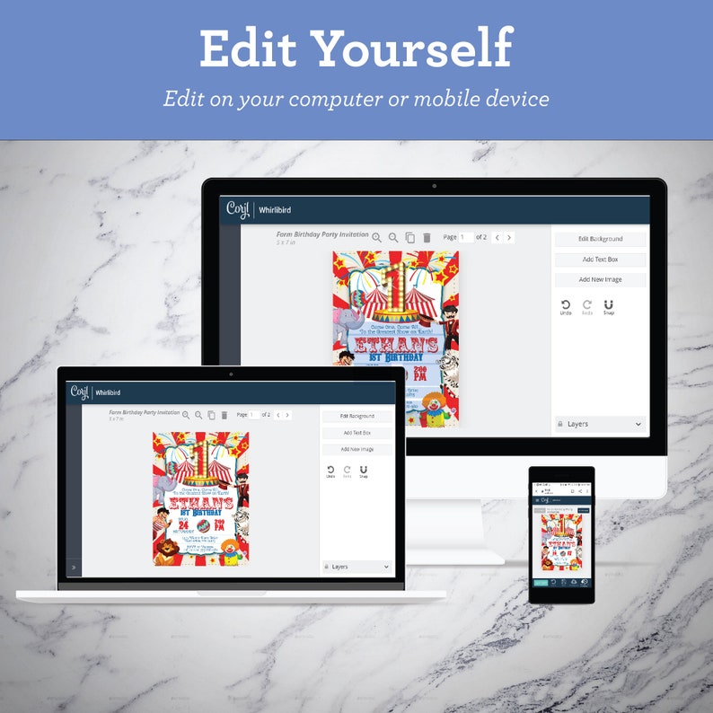 May include: A computer screen, laptop, and smartphone displaying a website with a circus-themed birthday party invitation. The invitation features a red and white striped tent with a clown and other circus characters. The text on the invitation reads "Ethan's 1st Birthday".
