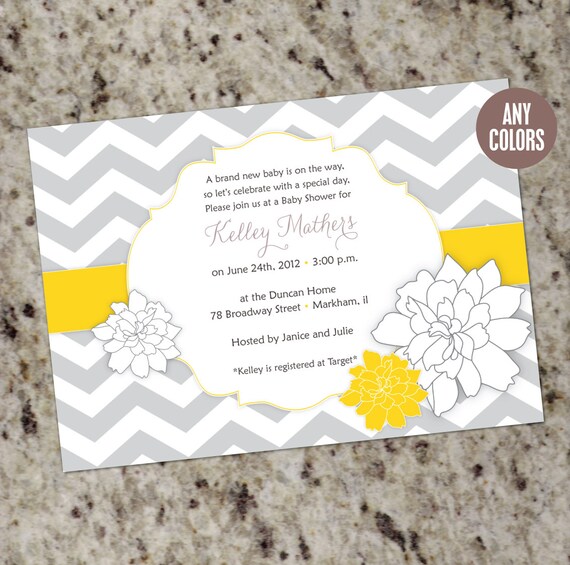 Baby Shower Invitations | Chevron Invitations | Girl Boy Neutral Baby Shower Invites | Gray | Modern Floral | Printable Design | DIY Il_570xn
