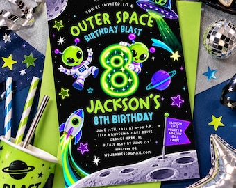 Space Birthday Invitation, Alien Party Invite, Astronaut Galaxy UFO Theme, Ages 1-13 Editable Corjl Digital Download