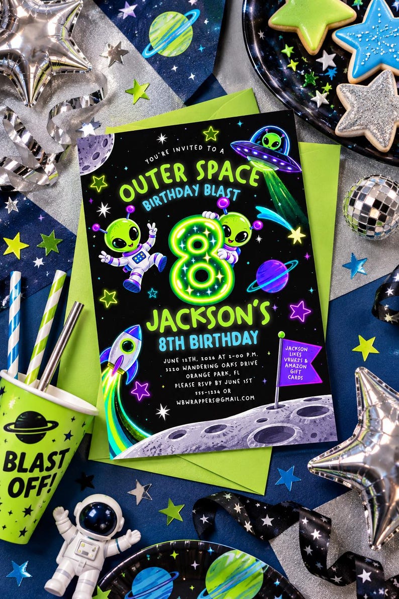 Space Birthday Invitation, Alien Party Invite, Astronaut Galaxy UFO ...