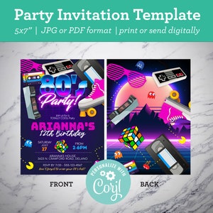 May include: A 5x7 inch party invitation template with a 1980s theme. The front features a purple background with a neon pink and blue 80's party text. The back features a purple background with a neon pink and blue 80's themed design with a Rubik's cube, a cassette tape, a video game controller, and a pair of sunglasses.