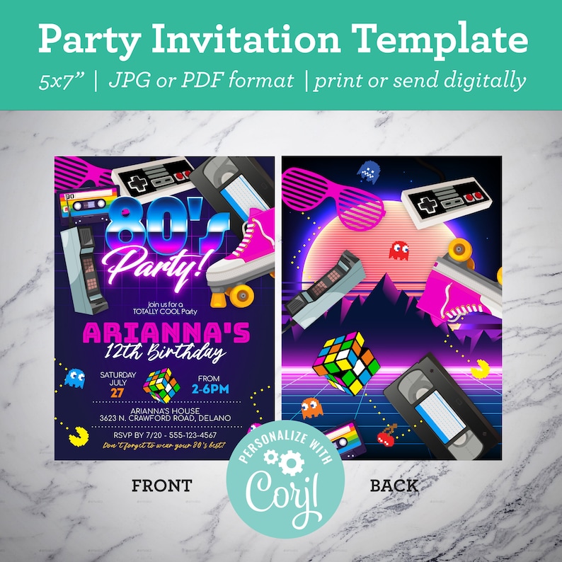 May include: A 5x7 inch party invitation template with a 1980s theme. The front features a purple background with a neon pink and blue 80's party text. The back features a purple background with a neon pink and blue 80's themed design with a Rubik's cube, a cassette tape, a video game controller, and a pair of sunglasses.