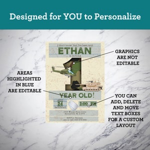 May include: A personalized invitation with a military theme. The design features a camouflage number one, a helicopter, and a tank. The text includes the name "ETHAN", the date, time, and RSVP information. The text "Designed for YOU to Personalize" is at the top.