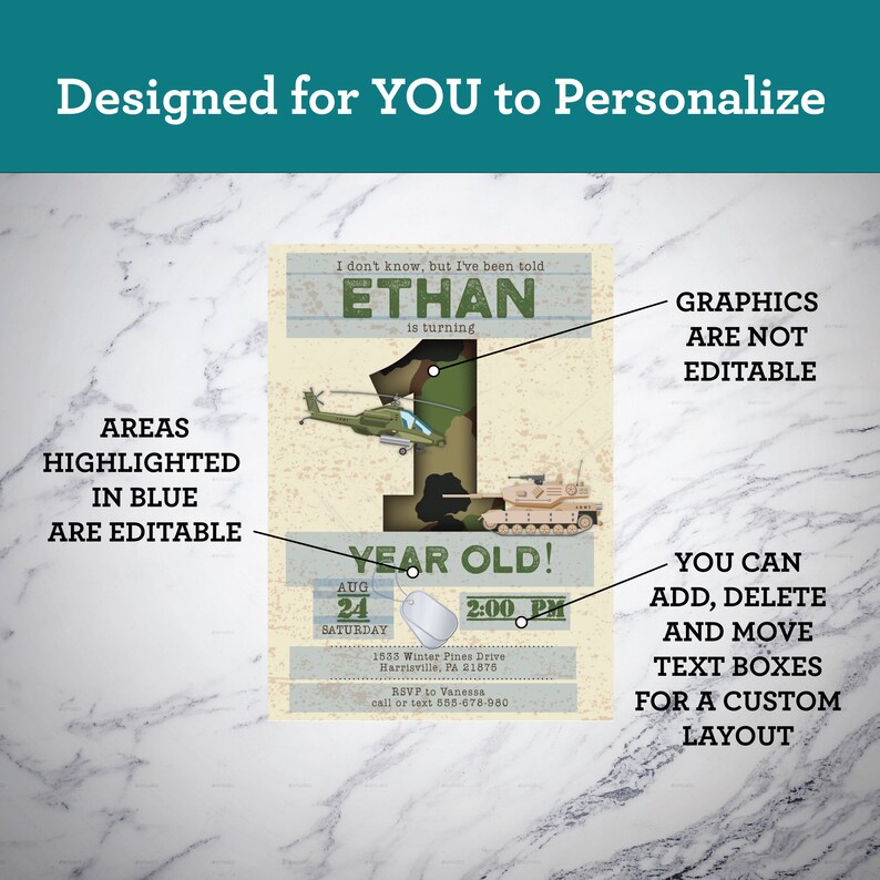 May include: A personalized invitation with a military theme. The design features a camouflage number one, a helicopter, and a tank. The text includes the name "ETHAN", the date, time, and RSVP information. The text "Designed for YOU to Personalize" is at the top.