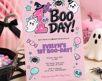 1st Boo Day Invitation, Pastel Pink Halloween Girl 1st Birthday, Cute Ghost Skull Editable Template, Corjl Instant Download