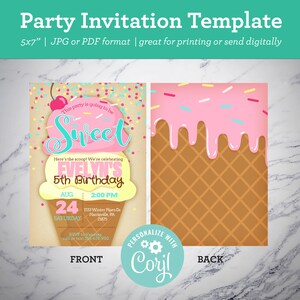 May include: A printable 5x7 inch party invitation template for a 5th birthday party. The invitation features a pink and yellow ice cream cone with sprinkles and the text "This party is going to be Sweet" and "Evelyn's 5th Birthday".