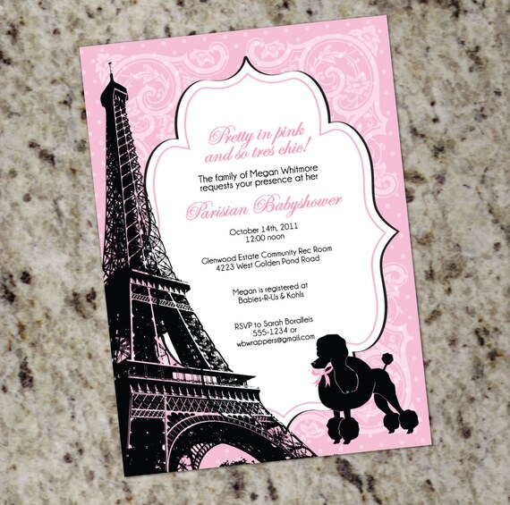 Paris themed Baby Shower Invitation - Pink and Black - French Poodle - Printable DIY Il_570xn