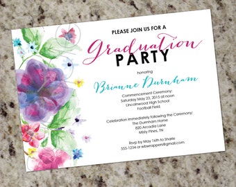 Elegant Watercolor Florals Flower Gradution Invitations or Announcements - Printable Design DIY