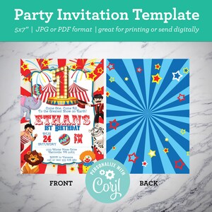 May include: A circus-themed birthday party invitation for a 1st birthday. The invitation features a red and white striped tent, a large number 1, and a clown. The text on the invitation reads "Ethan's 1st Birthday" and includes the date and time of the party. The back of the invitation features a blue and white striped background with red stars.