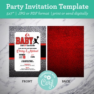 May include: A 5x7 inch baby shower invitation template with a basketball theme. The front features a black and white basketball pattern with a red and black stripe. The text reads "Oh Baby! A New MVP is on the way!" with the names "Chrissy & Michael" and the date and time of the event. The back is a red and black basketball pattern. The text "Personalize with Coryl" is in a circle with a gear icon.