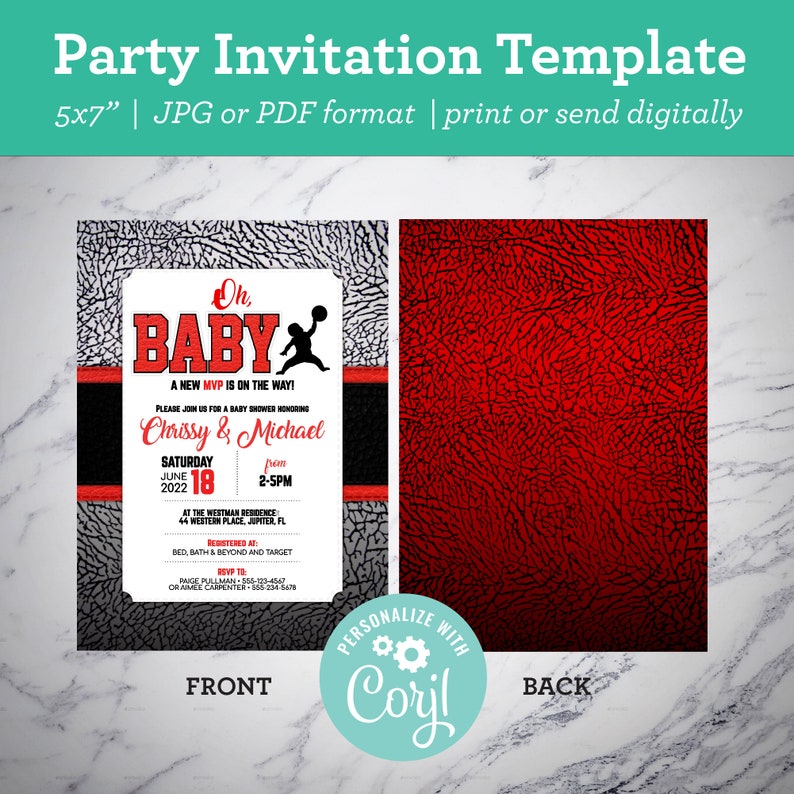 May include: A 5x7 inch baby shower invitation template with a basketball theme. The front features a black and white basketball pattern with a red and black stripe. The text reads "Oh Baby! A New MVP is on the way!" with the names "Chrissy & Michael" and the date and time of the event. The back is a red and black basketball pattern. The text "Personalize with Coryl" is in a circle with a gear icon.