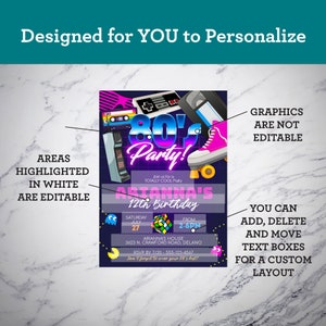 May include: A customizable 80's themed birthday party invitation with a pink and blue color scheme. The invitation features a retro video game controller, a cassette tape, a roller skate, and a Rubik's Cube. The text on the invitation reads "80's Party!" and "Artanna's 12th Birthday".