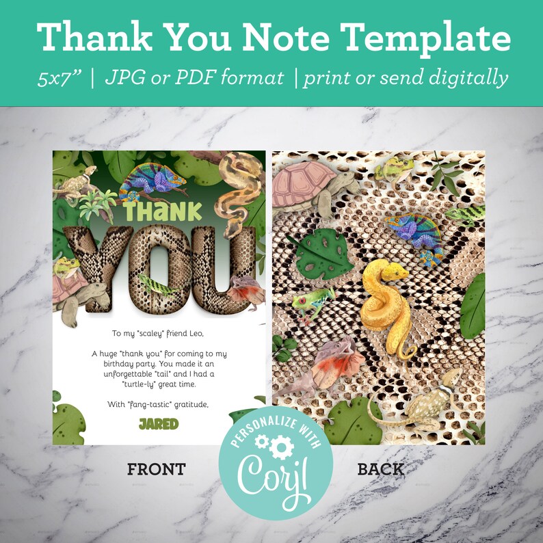 Lizard Thanks Reptile Birthday Thank You Card Template (digital Download) - Etsy
