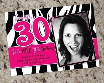 Zebra Hot Pink Birthday Party Photo Invitations - Any Age - DIY Printable