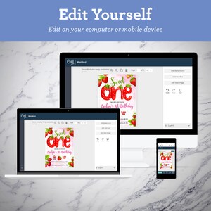 May include: A computer screen, laptop, and smartphone displaying a digital invitation template for a first birthday party. The invitation features a pink background with strawberries and the text "Sweet One" in red and white. The text "Evelyn's 1st Birthday" is also included.