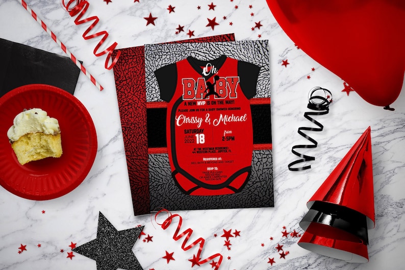 May include: A red and black baby shower invitation with a basketball jersey design. The text on the invitation reads "Oh Baby, A New MVP is on the Way!" and includes the names "Chrissy & Michael".