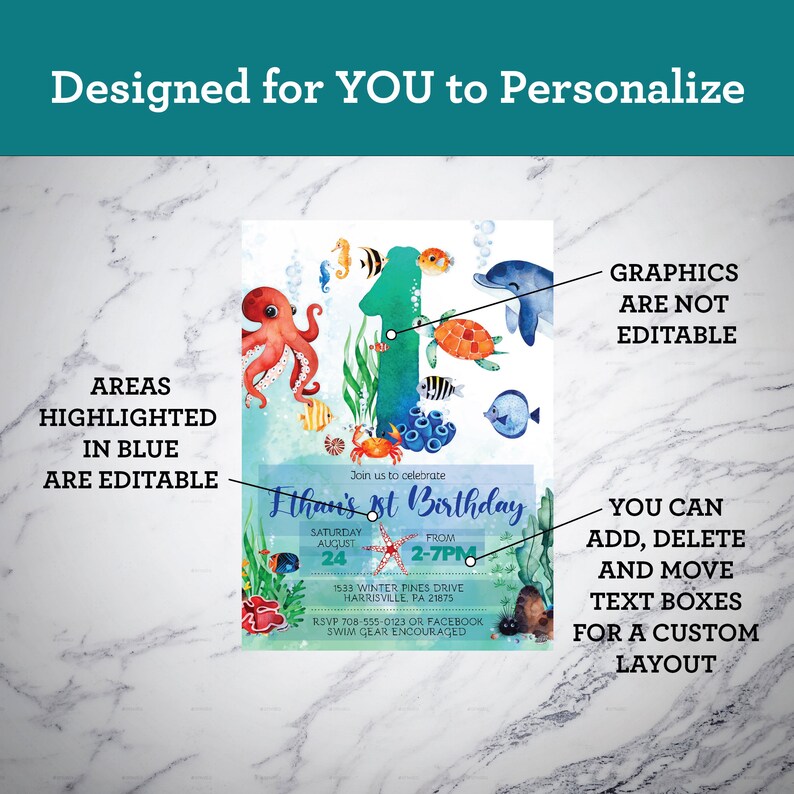 May include: A blue and green watercolor invitation for a first birthday party with a large number one surrounded by sea creatures. The text reads "Join us to celebrate Ethan's 1st Birthday" with the date and time of the party. The invitation also includes the address and RSVP information.