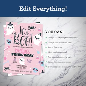 May include: A pink Halloween-themed birthday invitation template featuring cartoon ghosts, spiders, skulls, and sweets. The text reads Hey Boo!, Evelyn's 9th Birthday, Aug 24 Saturday, 2:00 PM, 1533 Winter Pines Drive, Harrisville, PA 21875, and RSVP to Vanessa.