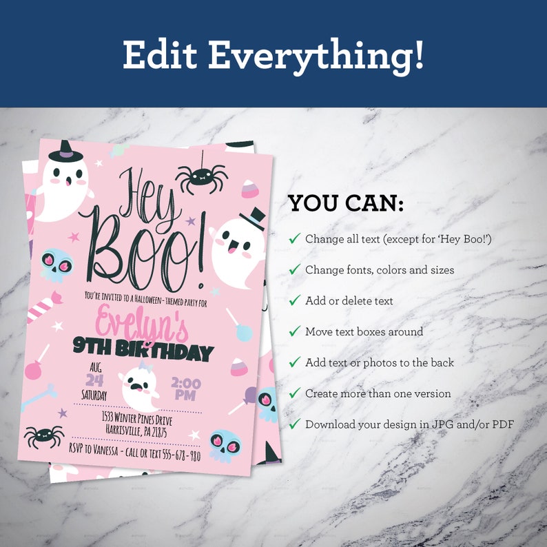 May include: A pink Halloween-themed birthday invitation template featuring cartoon ghosts, spiders, skulls, and sweets. The text reads Hey Boo!, Evelyn's 9th Birthday, Aug 24 Saturday, 2:00 PM, 1533 Winter Pines Drive, Harrisville, PA 21875, and RSVP to Vanessa.